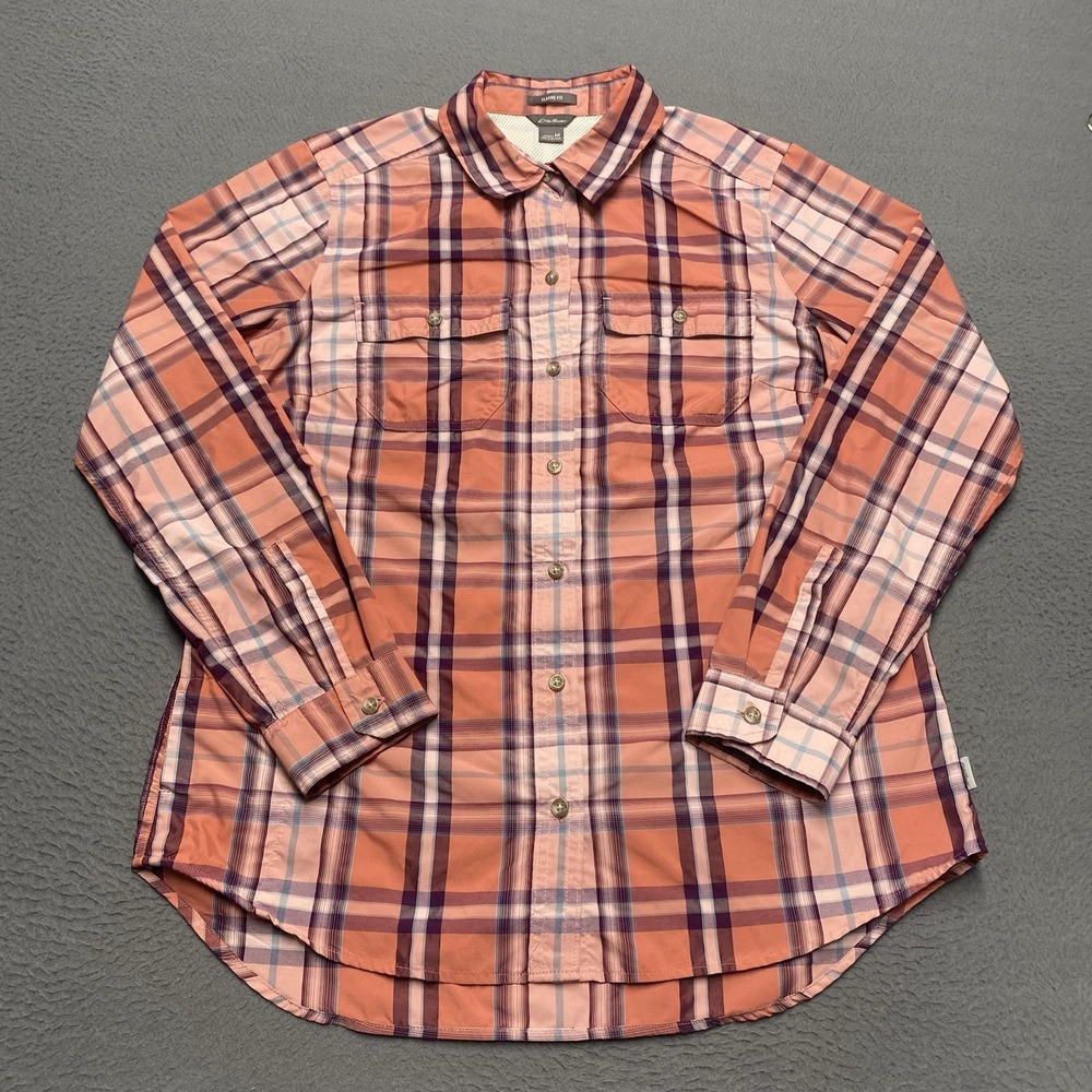 Eddie Bauer Shirt Womens M Pink Plaid Nylon Blend Button Up Long Sleeve Casual